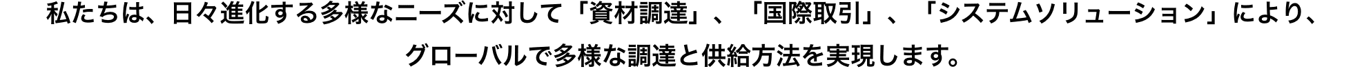 私たちは、日々進化する多様なニーズに対して「資材調達」、「国際取引」、「システムソリューション」により、グローバルで多様な調達と供給方法を実現します。